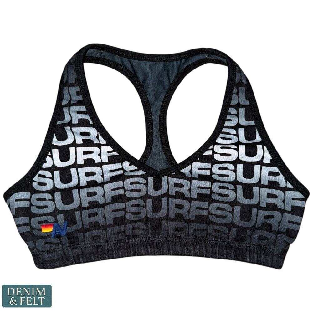 Aviator Nation SURF Print Sports Bra XS Black Gray Racerback Stretch Logo RARE